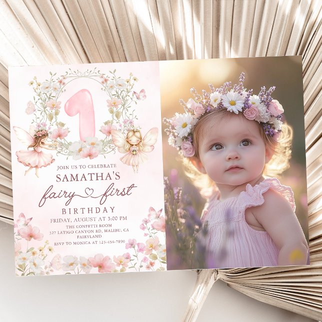 Convite Pink Floral Garden Fairy First Birthday Photo (Criador carregado)