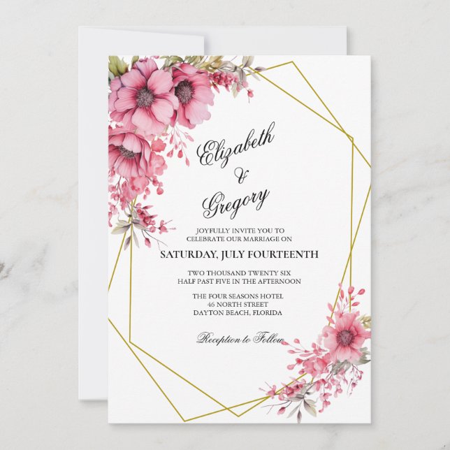 Convite Pink Floral Geometric Wedding Invitation (Frente)
