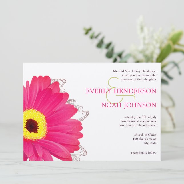 Convite Pink Floral Gerber Daisy Wedding (Em pé/Frente)