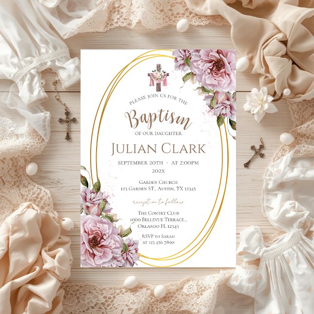 Convite Pink Floral Girl Baptism Invitation (Criador carregado)