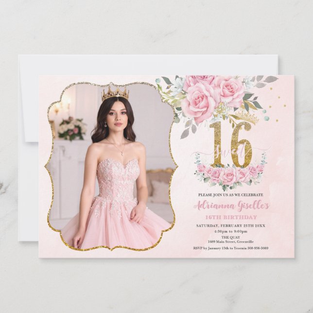 Convite Pink Floral Gold Sweet Sixteen 16th Birthday Photo (Frente)