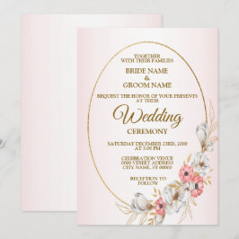 Convite Pink Floral Golden Geometric Peach Wedding