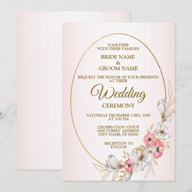 Convite Pink Floral Golden Geometric Peach Wedding (Frente/Verso)