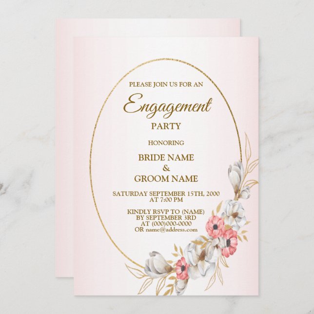 Convite Pink Floral Golden Peach Modern Engagement Party (Frente/Verso)