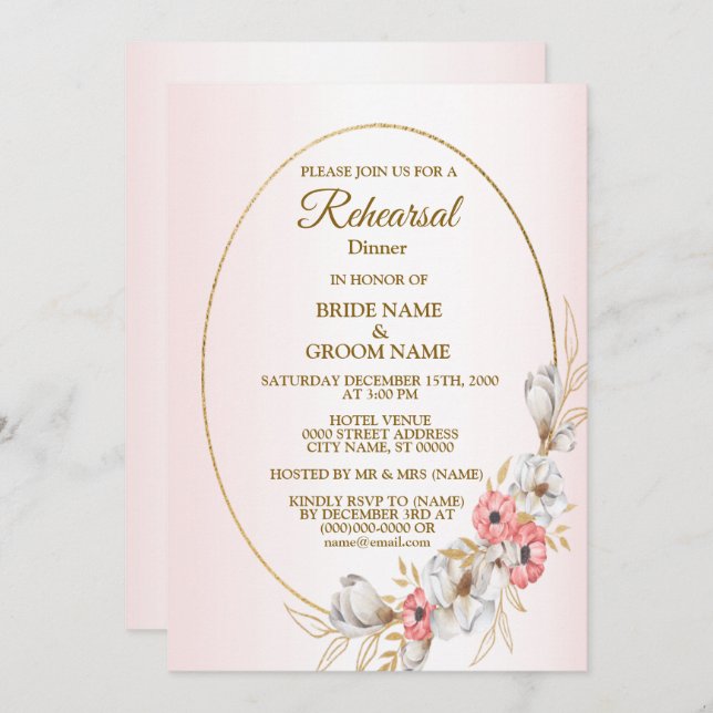 Convite Pink Floral Golden Peach Wedding Rehearsal Dinner (Frente/Verso)