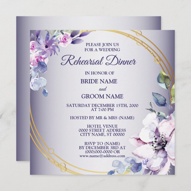 Convite Pink Floral Golden Purple Wedding Rehearsal Dinner (Frente/Verso)