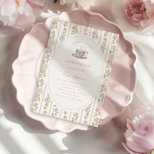 Convite Pink Floral Grandmillennial Bridal Tea Party  (Criador carregado)