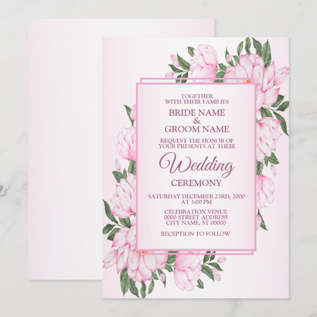 Convite Pink Floral Green Leaves Frame Elegant Wedding (Frente/Verso)