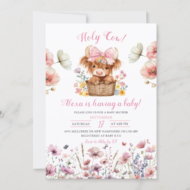 Convite Pink Floral Heifer Bull Baby Shower Invitation (Frente)