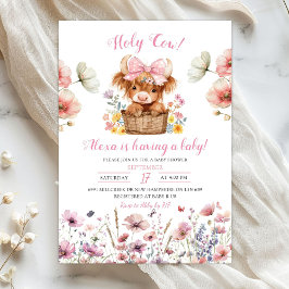 Convite Pink Floral Heifer Bull Baby Shower Invitation