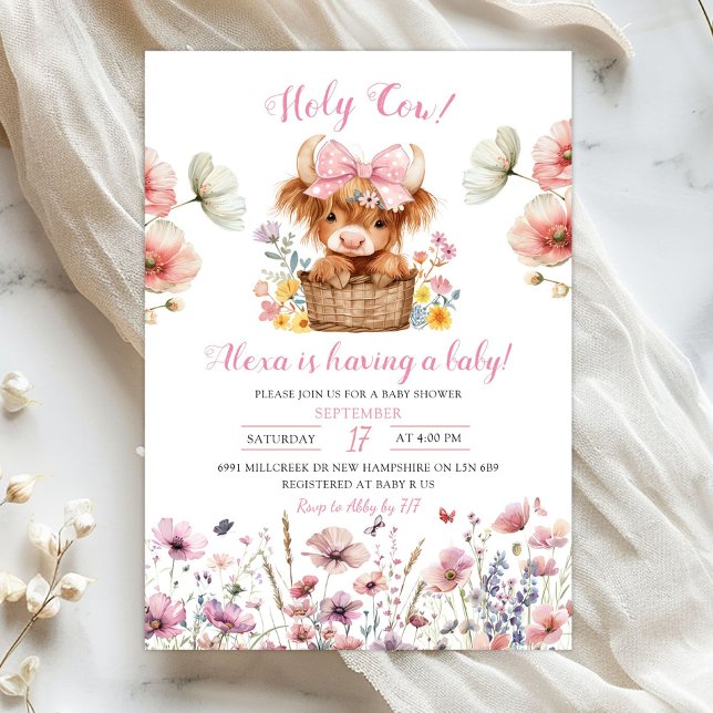 Convite Pink Floral Heifer Bull Baby Shower Invitation (Criador carregado)