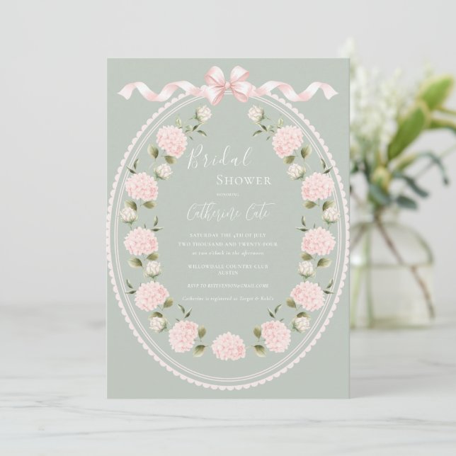 Convite Pink Floral Hydrangea Sage Green Elegant Bridal  (Em pé/Frente)