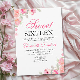 Convite Pink Floral Illustration Sweet Sixteen