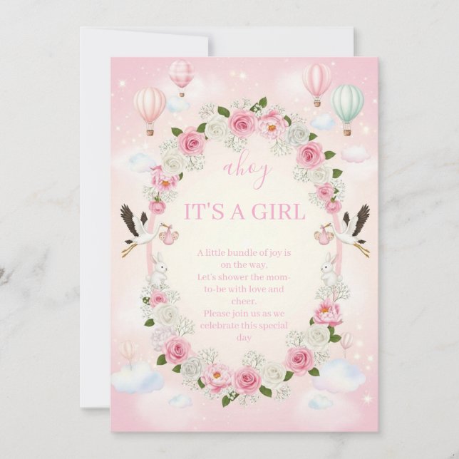 Convite Pink Floral "It's a Girl" Baby Shower Invite  (Frente)