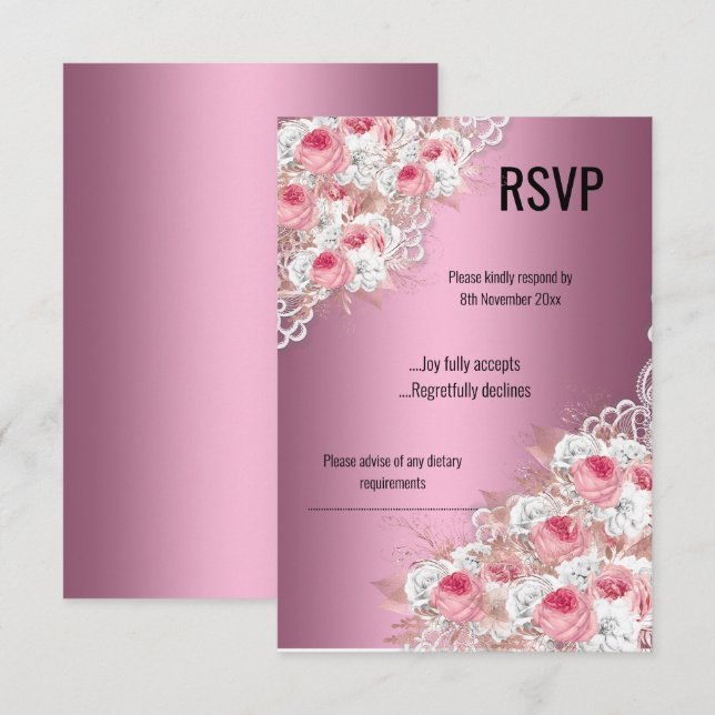 Convite Pink Floral LACE ELEGANT MODERN RSVP (Frente/Verso)