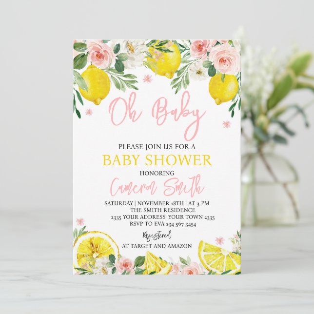 Convite Pink Floral Lemon Baby Shower (Em pé/Frente)