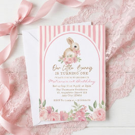 Convite Pink Floral Little Bunny Turning One Birthday 