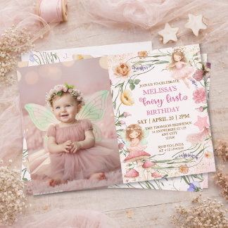 Convite Pink Floral Magical Fairy First Birthday Photo 