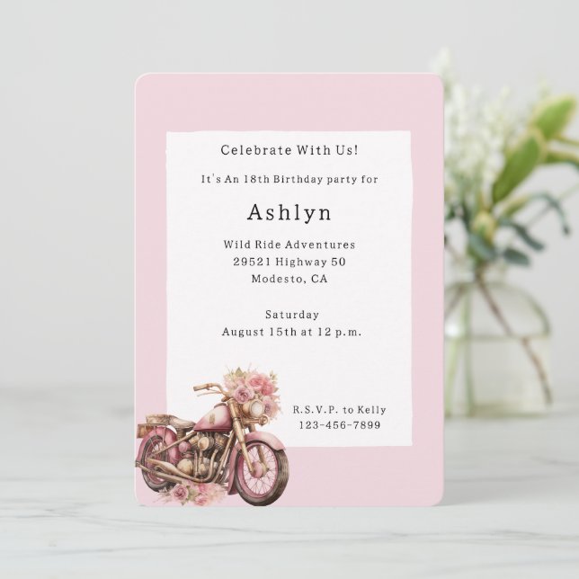 Convite Pink Floral Motorcycle Birthday   (Em pé/Frente)