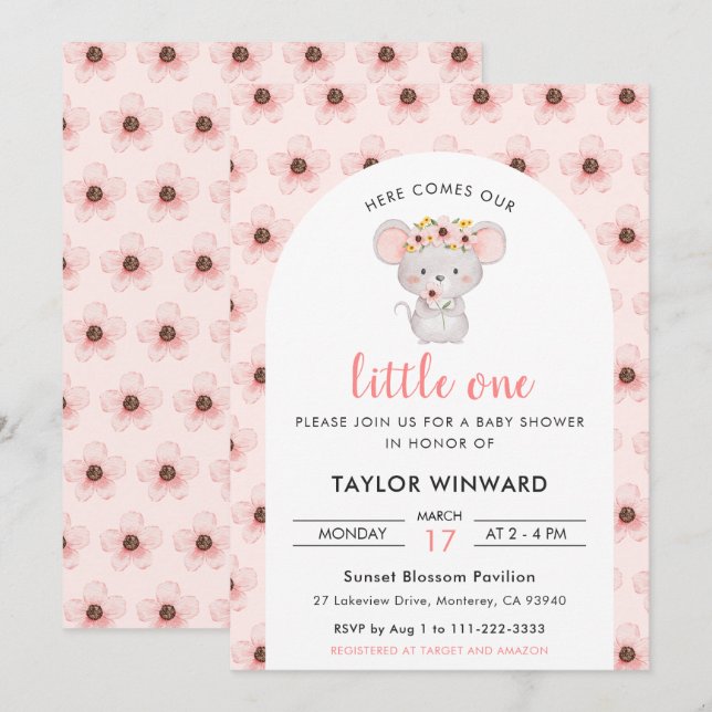 Convite Pink Floral Mouse Baby Shower (Frente/Verso)