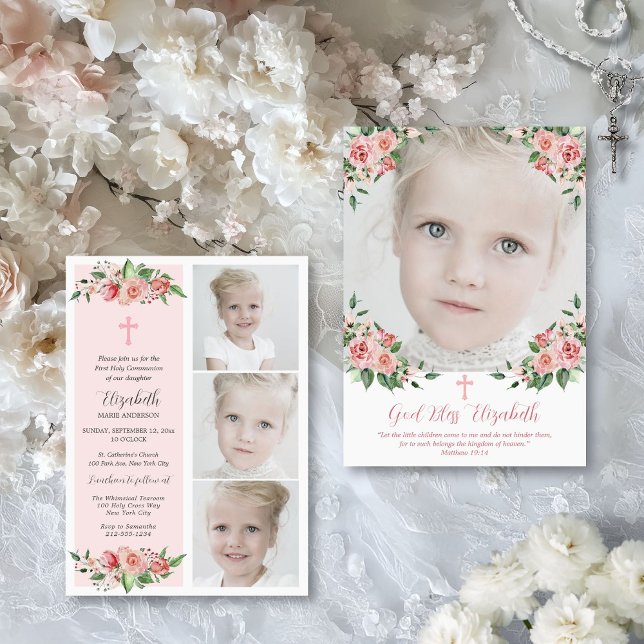 Convite Pink Floral Multifoto Primeira Comunhão para Menin (First Holy Communion invitation for little girls with photo collage and keepsake backer)
