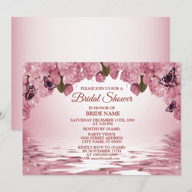 Convite Pink Floral Nature Butterfly Outdoor Bridal Shower (Frente/Verso)