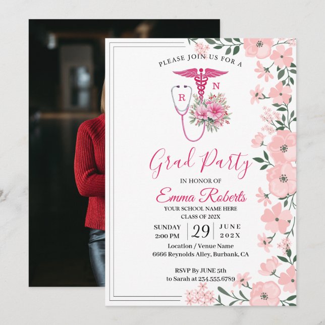 Convite Pink Floral Nurse Graduation Invitation | RN BSN G (Frente/Verso)