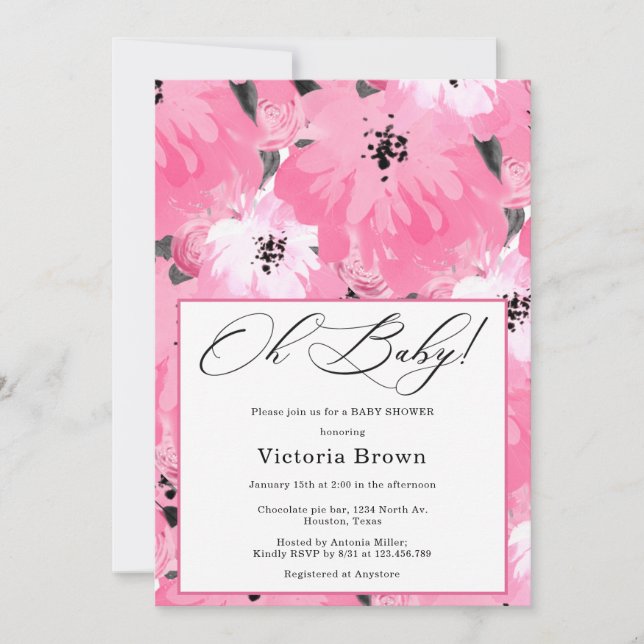 Convite Pink Floral Oh Baby Shower Invitation (Frente)