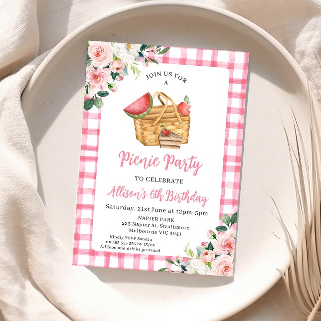 Convite Pink Floral Picnic Basket Picnic Birday (Boho Pink Floral Picnic Birthday Invitation, Pink Gingham Picnic Party Birthday Invite, Basket)