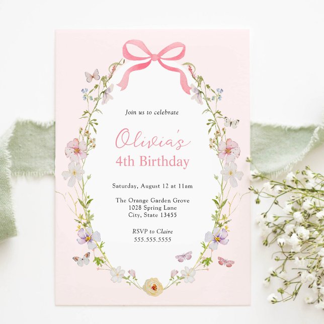 Convite Pink Floral Pretty Bow Birthday Invitation (Criador carregado)