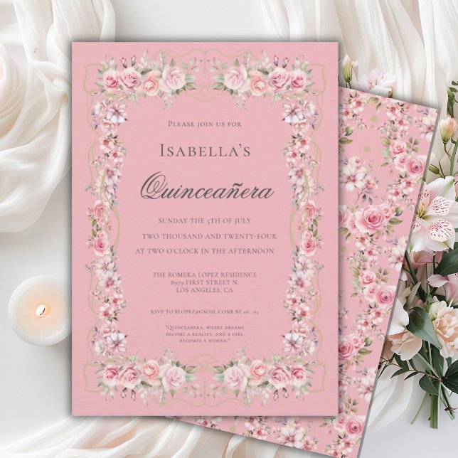 Convite Pink Floral Quinceañera Elegant Celebration 15 (Criador carregado)