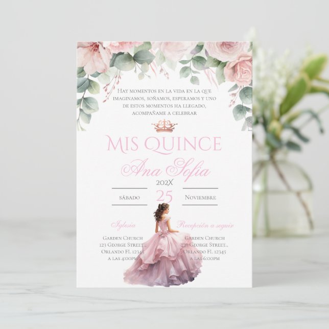 Convite Pink Floral Quinceanera invitation Spanish (Em pé/Frente)
