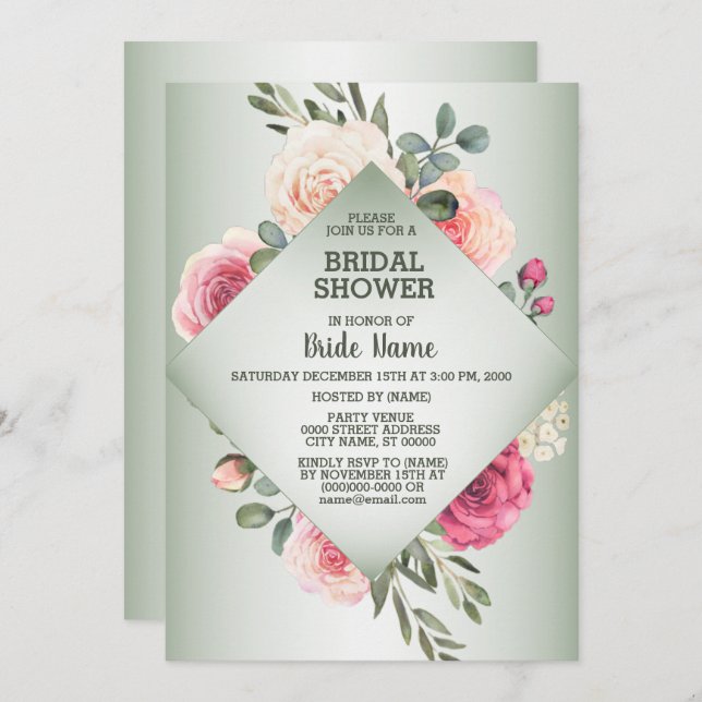 Convite Pink Floral Rustic Geometric Green Bridal Shower (Frente/Verso)