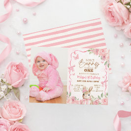 Convite Pink Floral Some Bunny First Birthday Photo