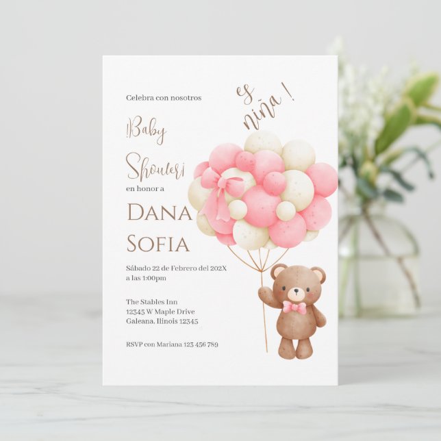 Convite Pink floral Spanish Baby Shower Girl invitation (Em pé/Frente)