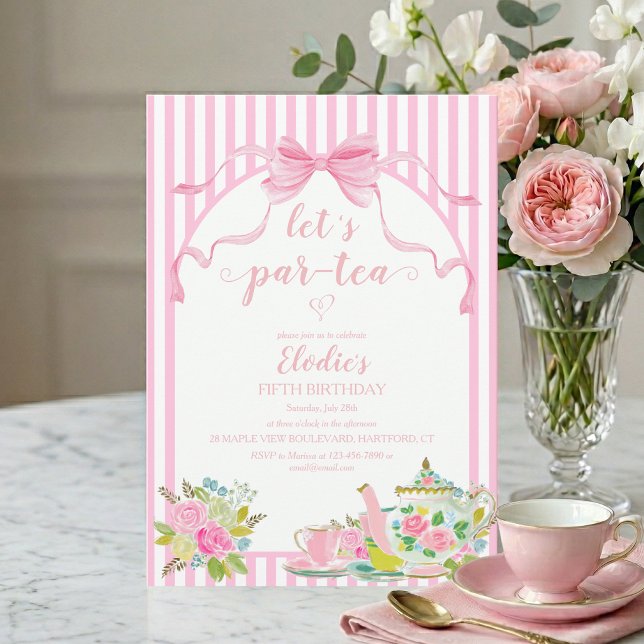 Convite Pink Floral Stripe Let's Par-tea Birthday (lets par-tea pink bow coquette parisian stripe floral girls birthday tea party invitation)