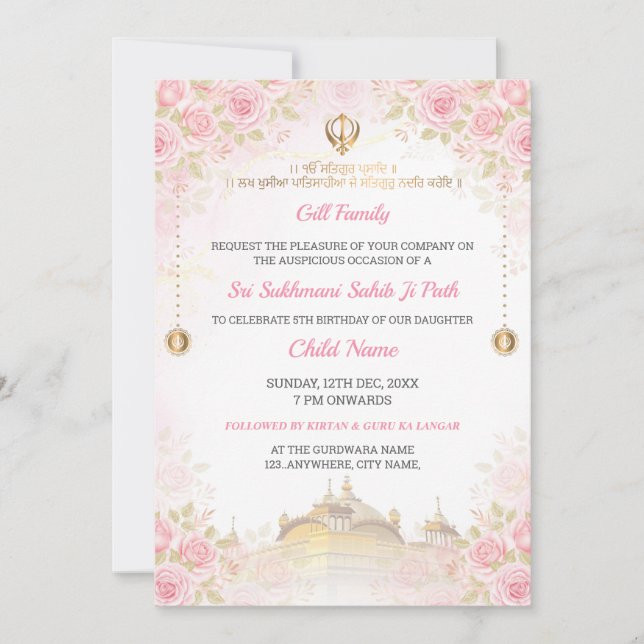 Convite Pink Floral Sukhmani Sahib Path Invitation  (Frente)