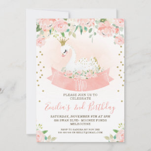 Convite Pink Floral Swan Princesa Aniversário