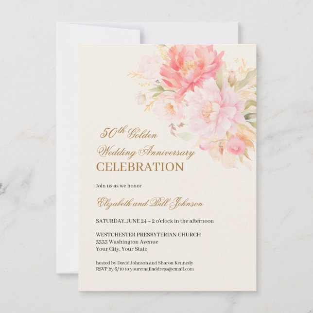 Convite Pink Floral Theme Gold 50th Wedding Anniversary (Frente)