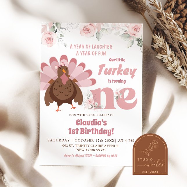 Convite Pink Floral Turkey First Birday Girl (Criador carregado)