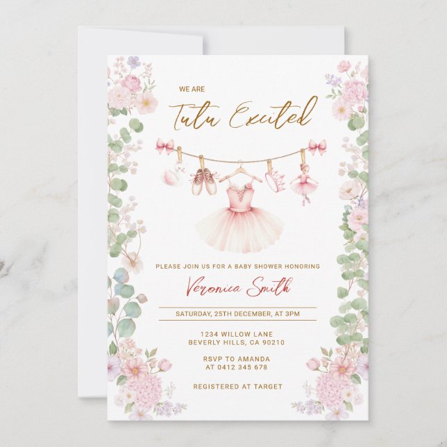 Convite Pink Floral Tutu Excited Ballerina Baby Shower  (Frente)
