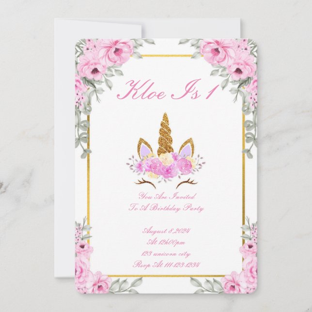 CONVITE PINK FLORAL UNICORN BIRTHDAY PARTY INVITATION (Frente)
