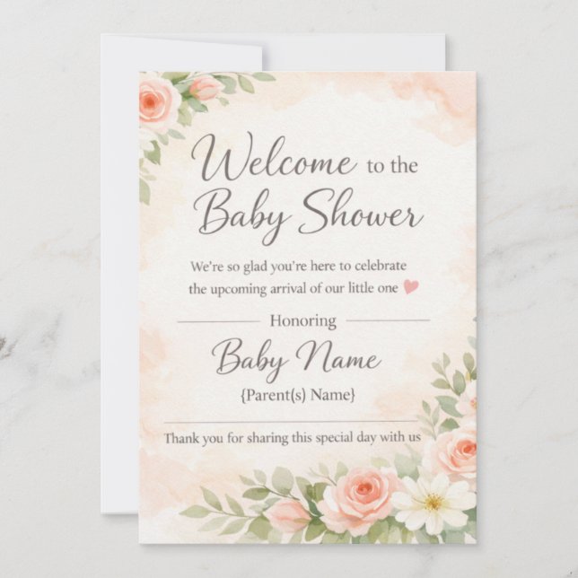 Convite Pink Floral Watercolor Baby Shower Welcome Sign –  (Frente)