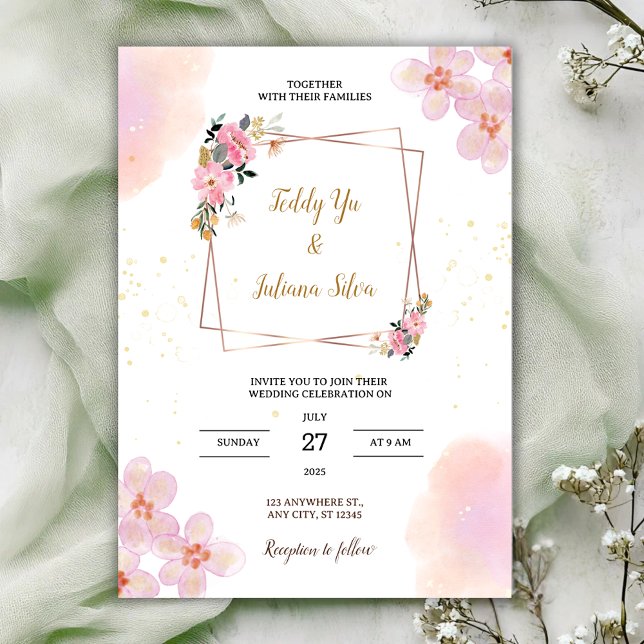 Convite Pink Floral Watercolor Wedding Invitation (Criador carregado)