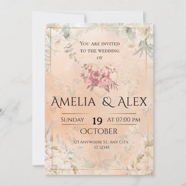 Convite Pink Floral Wedding Invitation | Elegant Customiza (Frente)