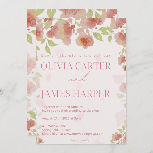Convite Pink Floral Wedding Invitation – Elegant Rustic (Frente/Verso)