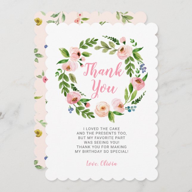 Convite Pink Floral Wreath Peony Aniversário Obrigado Cart (Frente/Verso)