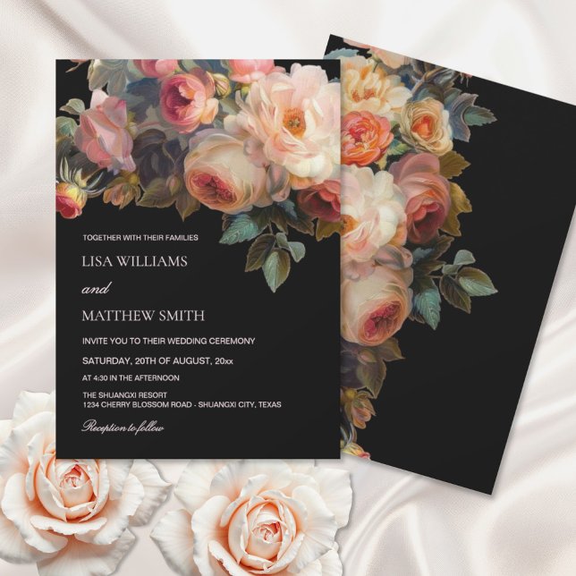 Convite Pink Flower Dark Floral Wedding (Criador carregado)