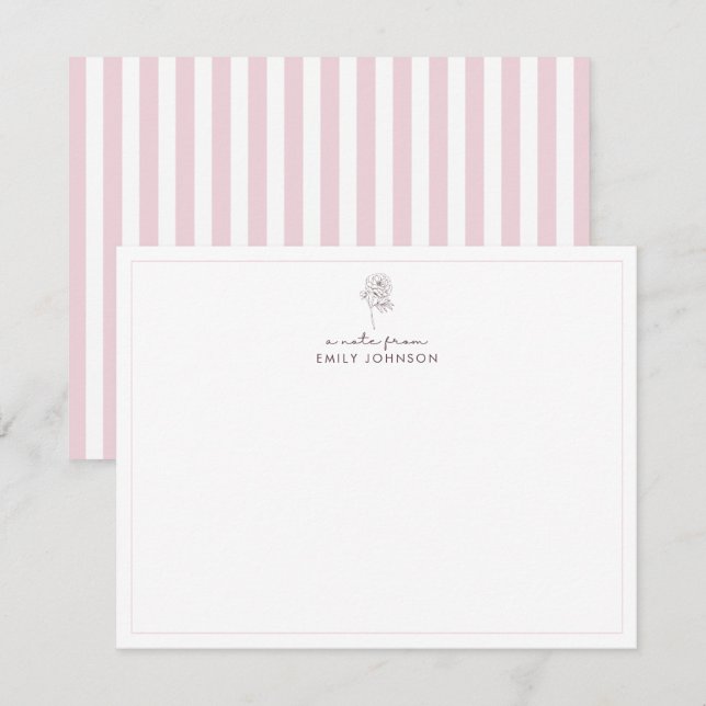 Convite Pink flower & Stripes a Note From Flat Note Card (Frente/Verso)