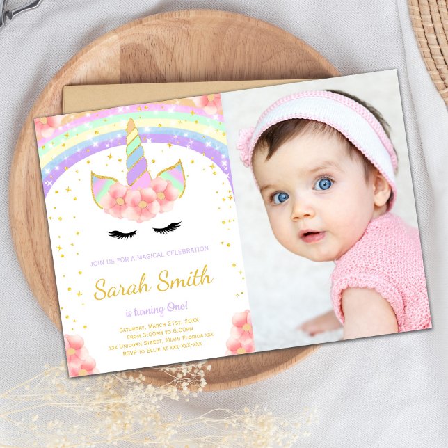 Convite Pink Flower Unicorn Invoca com foto (Pink Flower Unicorn Invitations with photo)